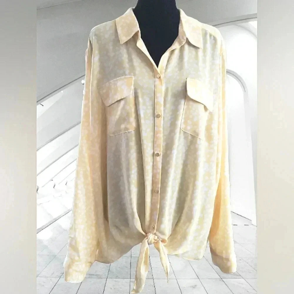 Coastal 2XL Butter Yellow Tie Front Role Sleeve Button Down Tunic Top New